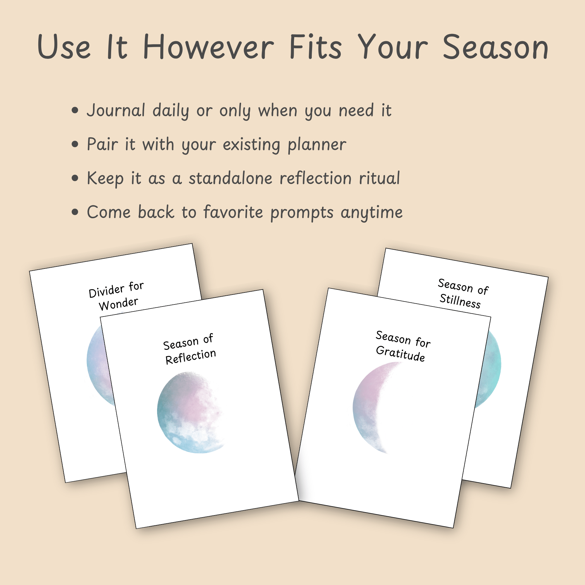 Feature slide describing flexible ways to use the journal, with fanned interior pages shown below the heading.