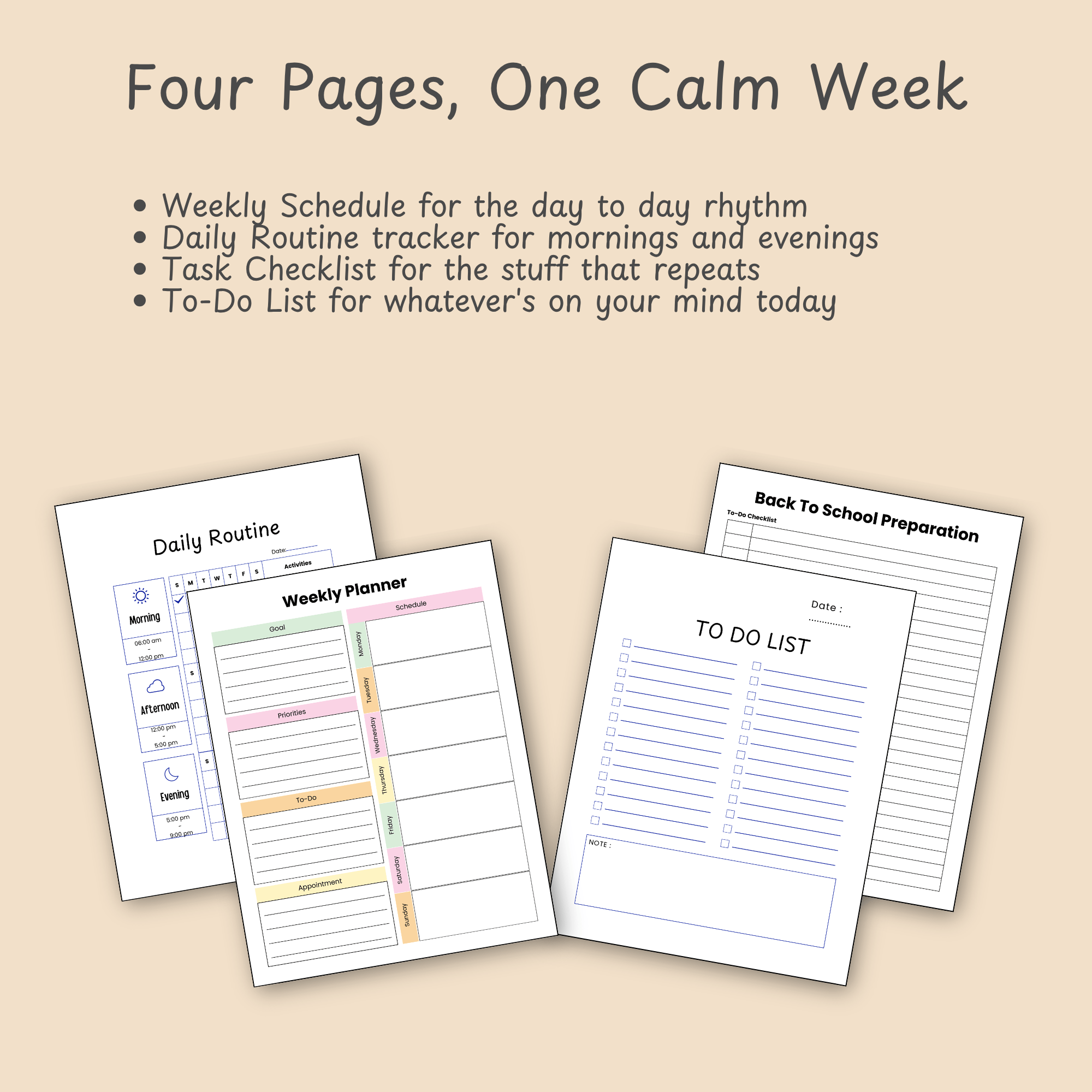 Flat lay of the Back to School Planner pages showing monthly calendars, weekly schedules, and a meal planner layout.