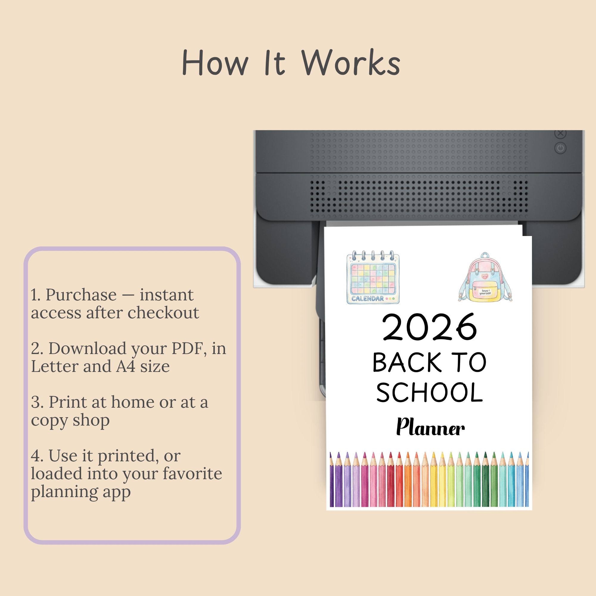 Print and format information graphic for the Back to School Planner digital download, showing Letter and A4 sizing.