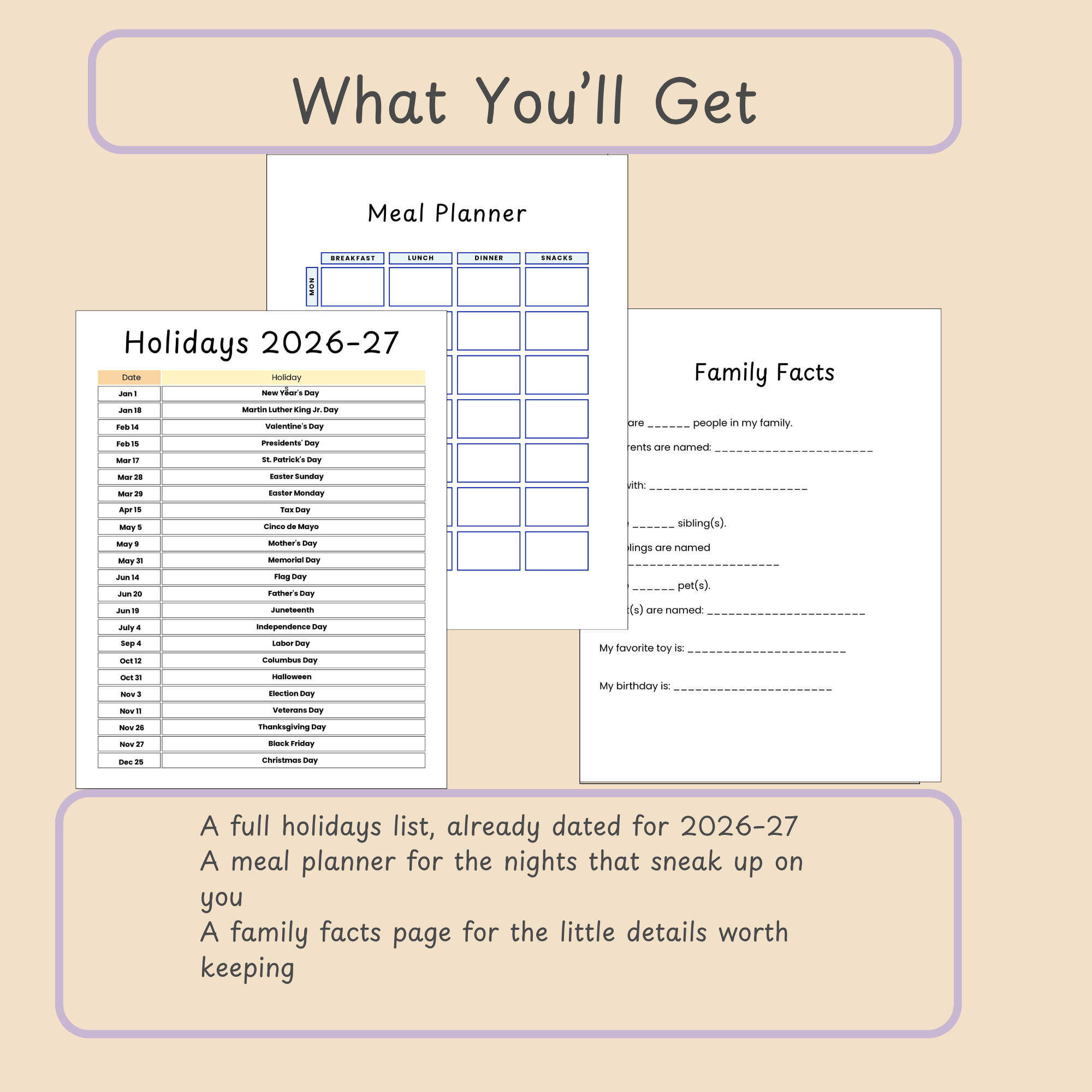 Meal planner and school year holidays list pages shown side by side in a pastel planner layout.