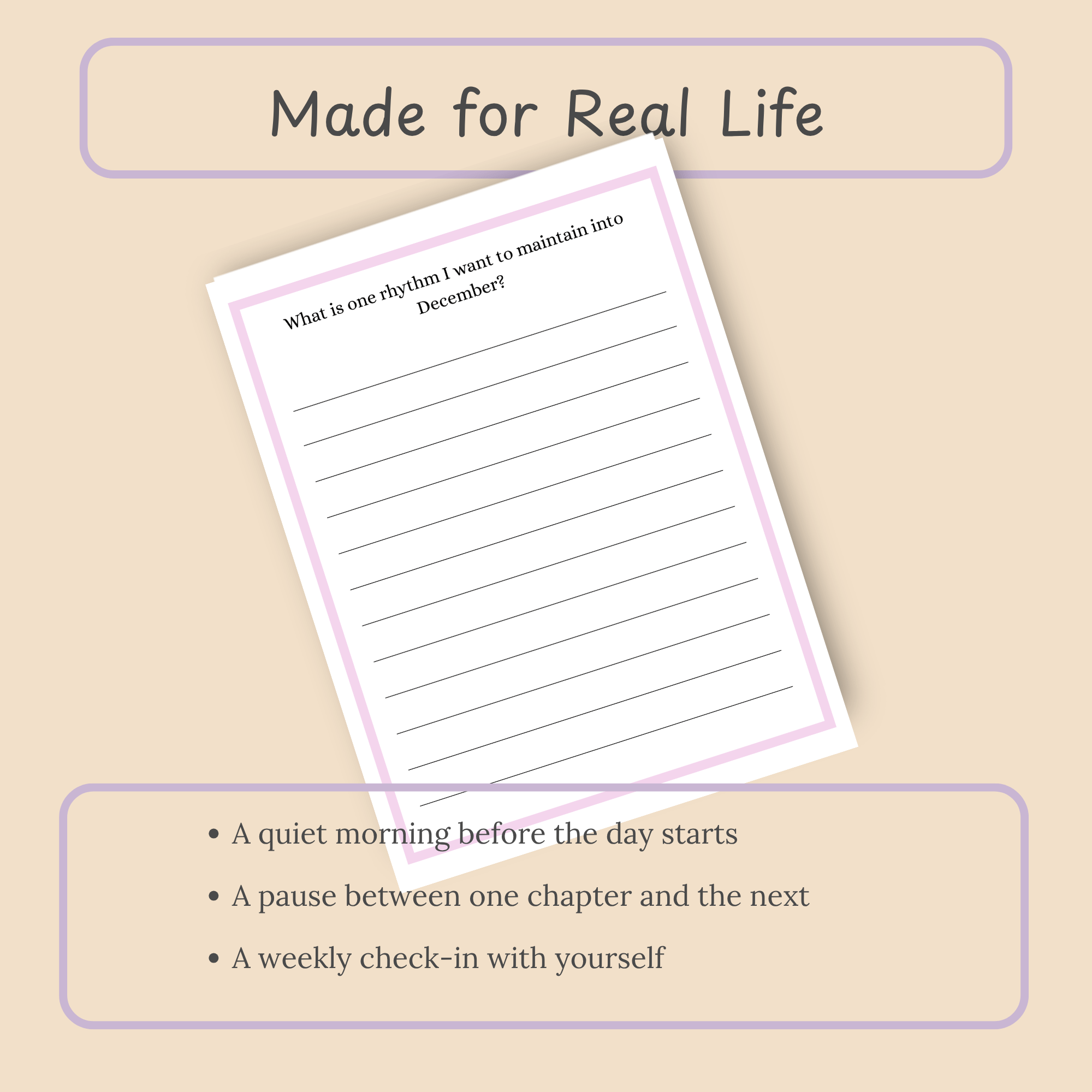 Slide showing a single interior journal page alongside a list of everyday moments the journal is designed for.