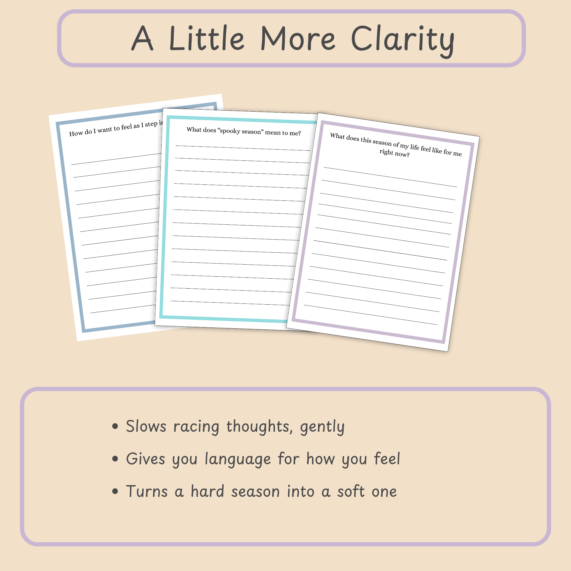 Slide showing a layered stack of interior journal pages with a bulleted list describing the emotional benefit of journaling through life's seasons.