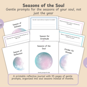 Hero slide for the Seasons of the Soul reflective journal, showing the cover and a fan of interior prompt pages.