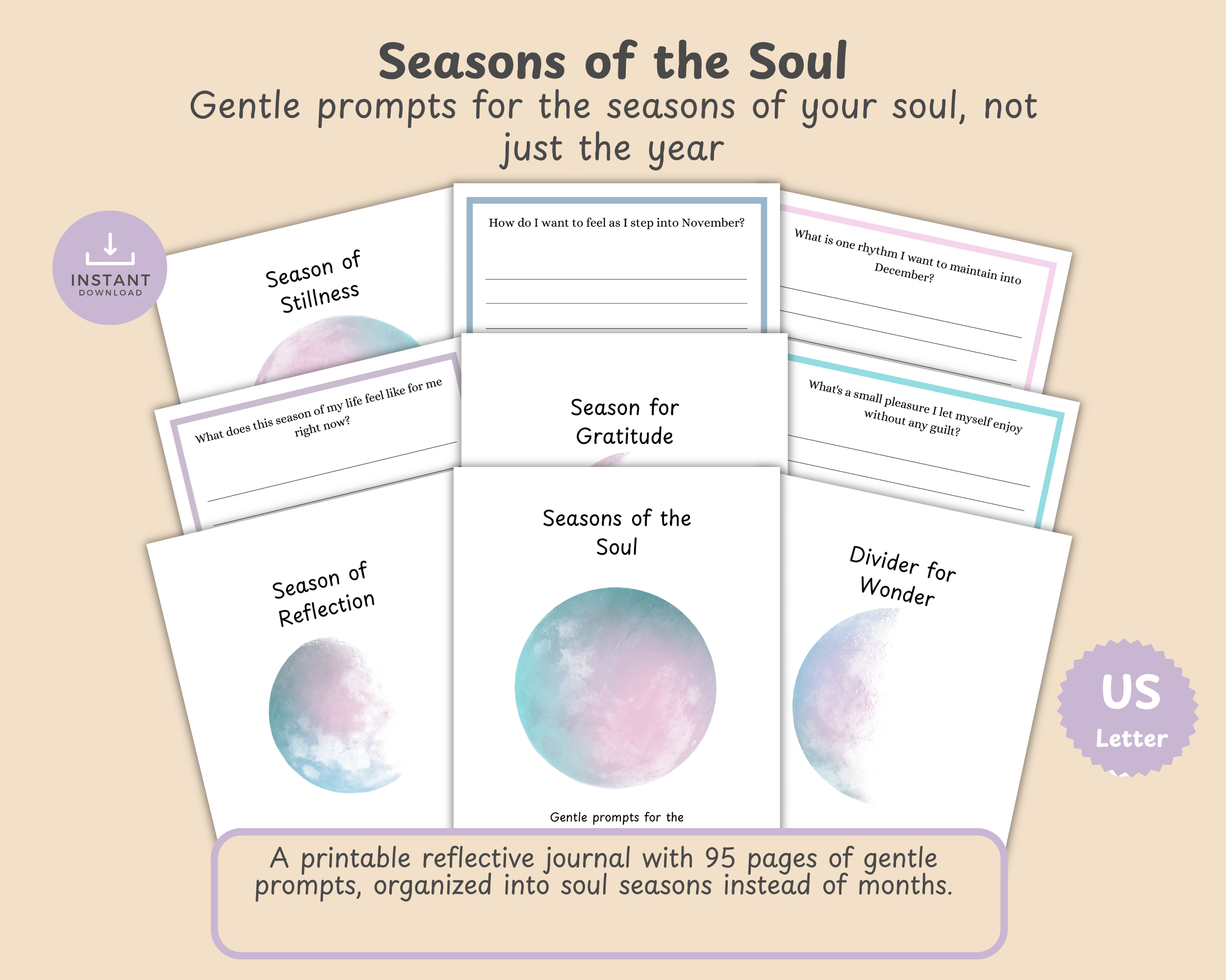 Hero slide for the Seasons of the Soul reflective journal, showing the cover and a fan of interior prompt pages.