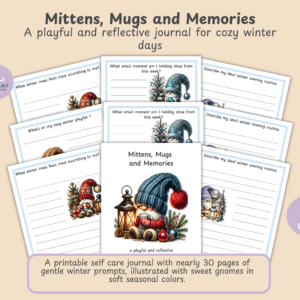 Hero slide for the Mittens, Mugs and Memories cozy winter self care journal, showing the cover and a fan of interior prompt pages with gnome illustrations.