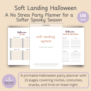 Hero slide for the Soft Landing Halloween party planner, showing the cover and a stack of fanned interior planner pages.