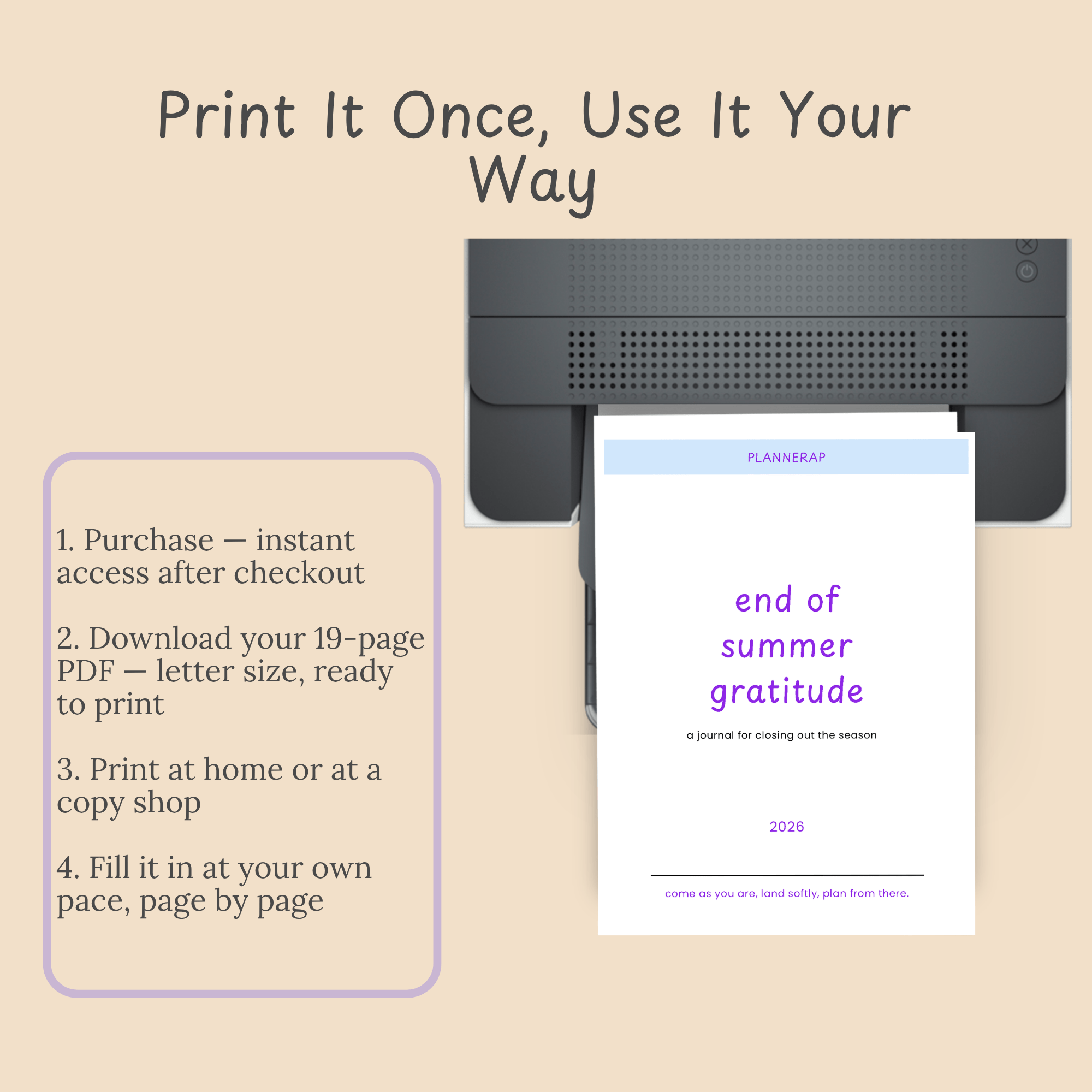 Specs slide noting this end of summer journal printable is a 19-page letter-size instant download PDF.