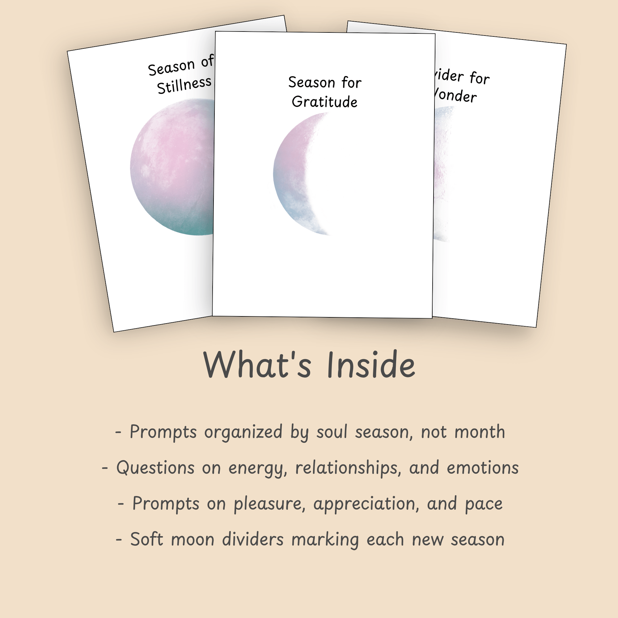 Feature slide showing a fan of interior prompt pages next to a bulleted list of the journal's main prompt themes.