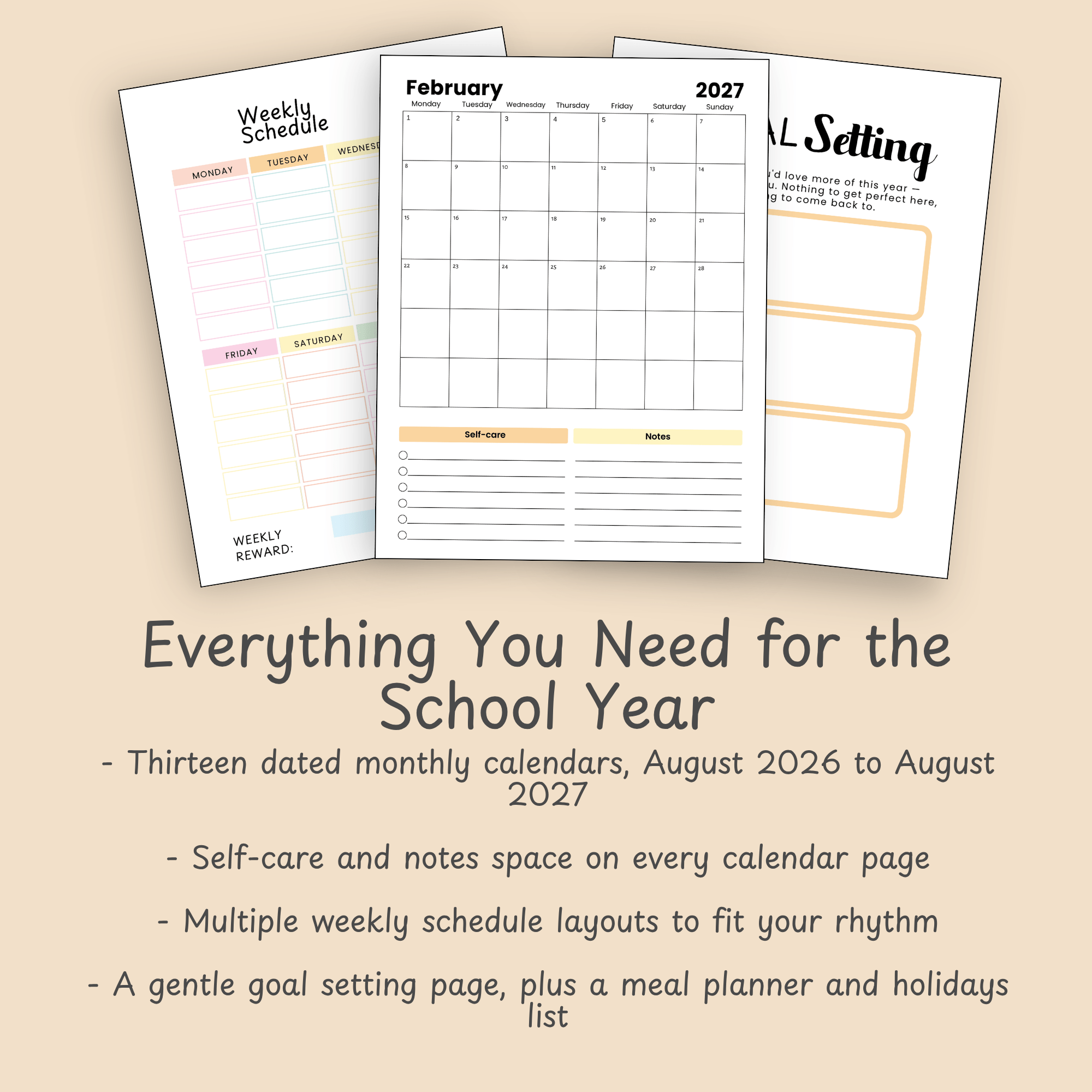 Flat lay of the Back to School Planner pages showing monthly calendars, weekly schedules, and a meal planner layout.