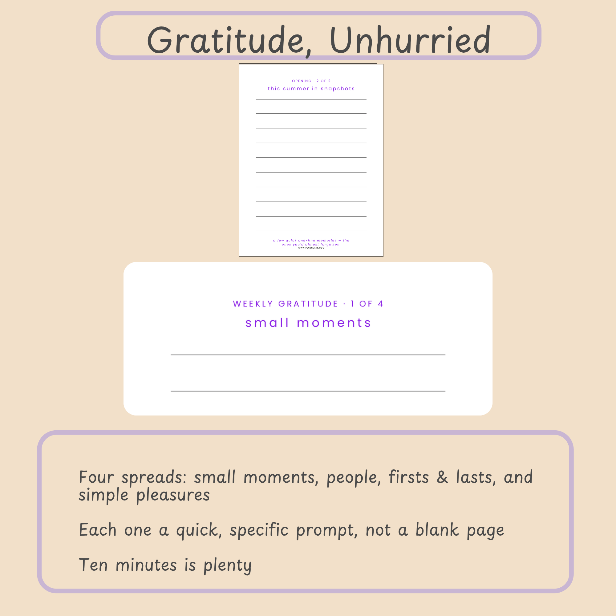 Weekly gratitude spread with prompts for small moments, people, firsts and lasts, and simple pleasures.