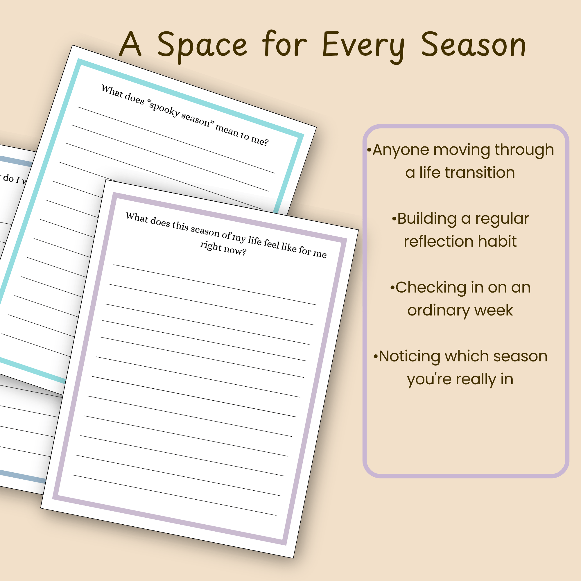 Feature slide listing who the reflective journal is perfect for, alongside a fan of interior journal pages.