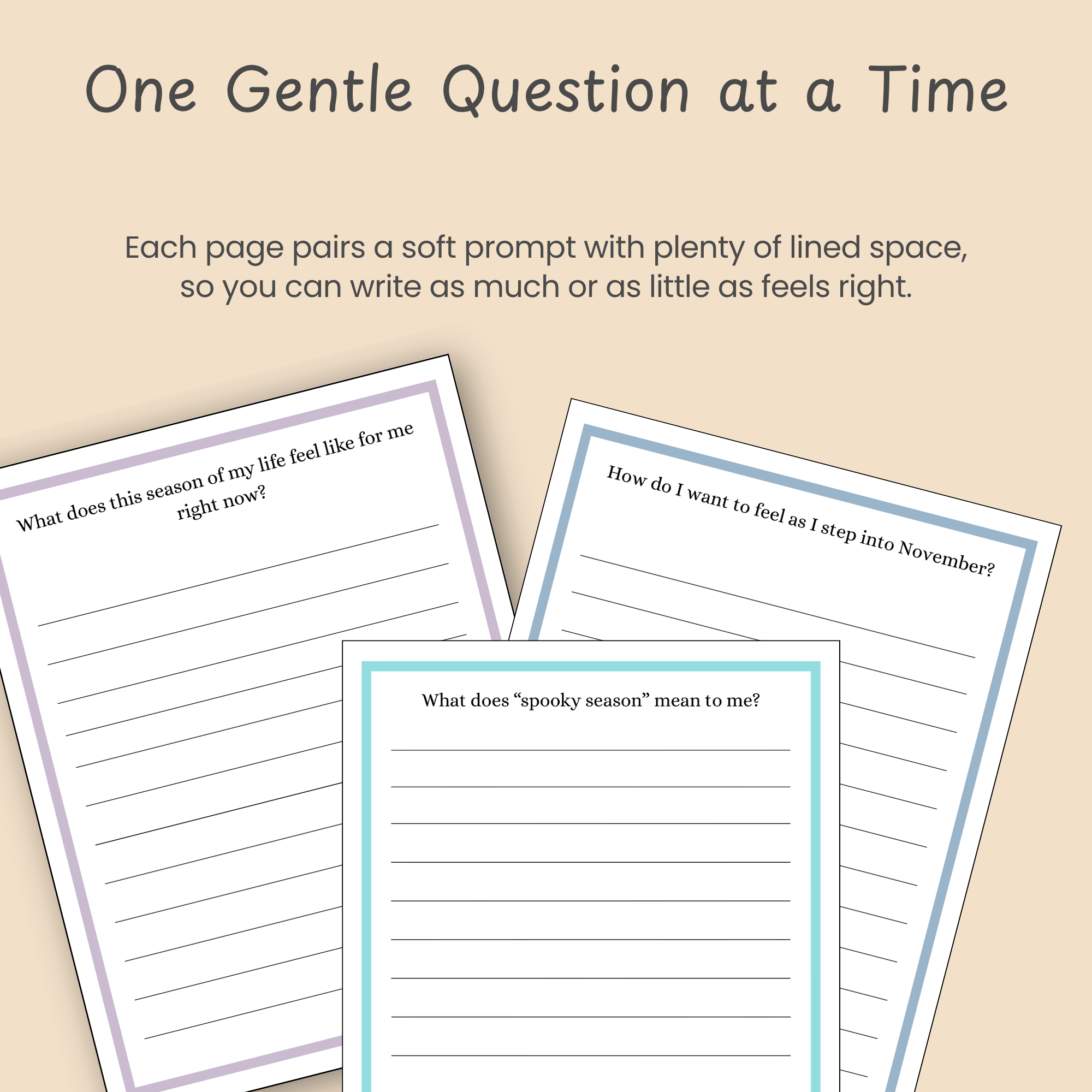 Slide showing three fanned journal pages with lined writing space beneath each gentle reflective prompt.
