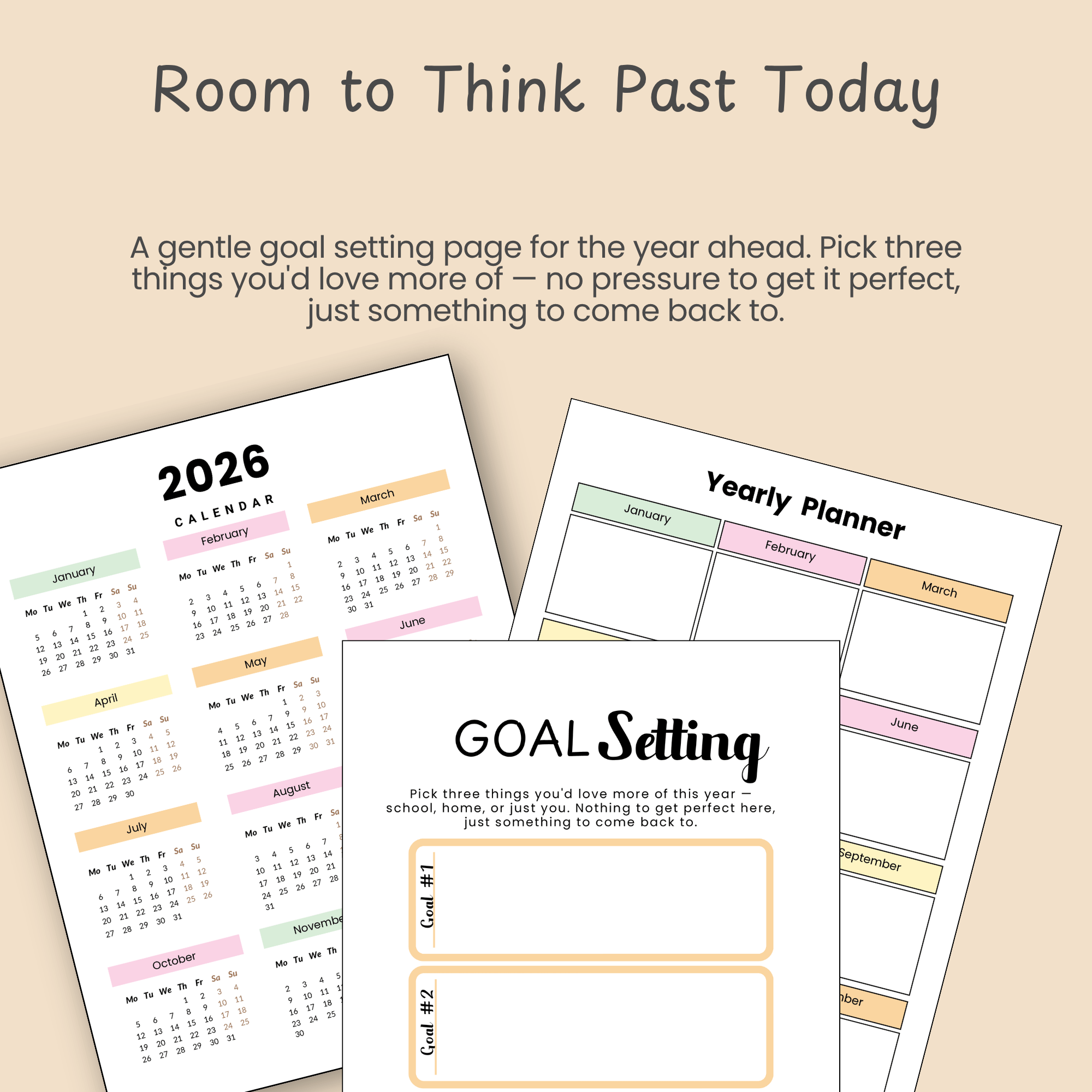 Goal setting planner page with three goal sections in a soft purple and tan color palette.