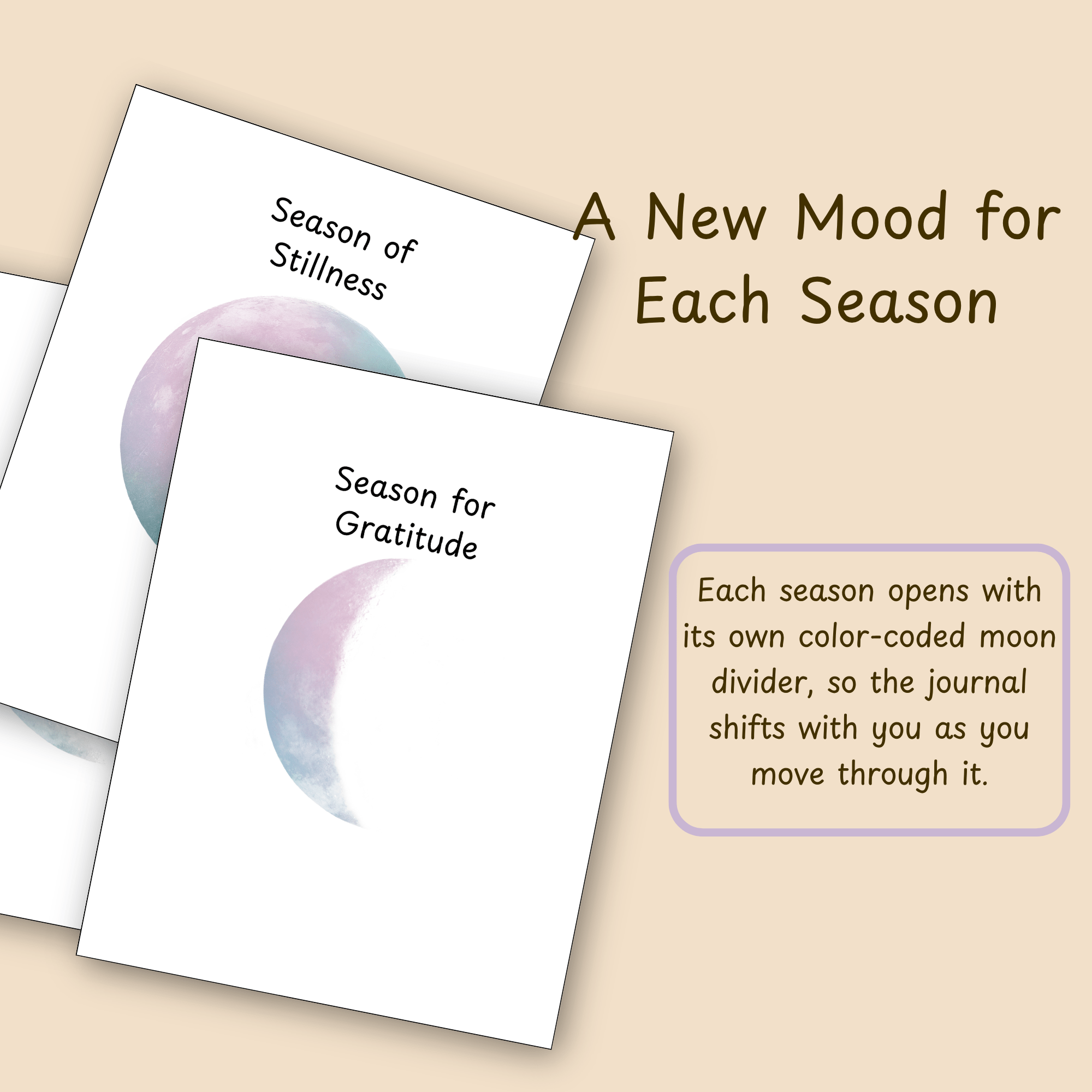 Slide highlighting two interior pages next to a callout describing the journal's color-coded season dividers.