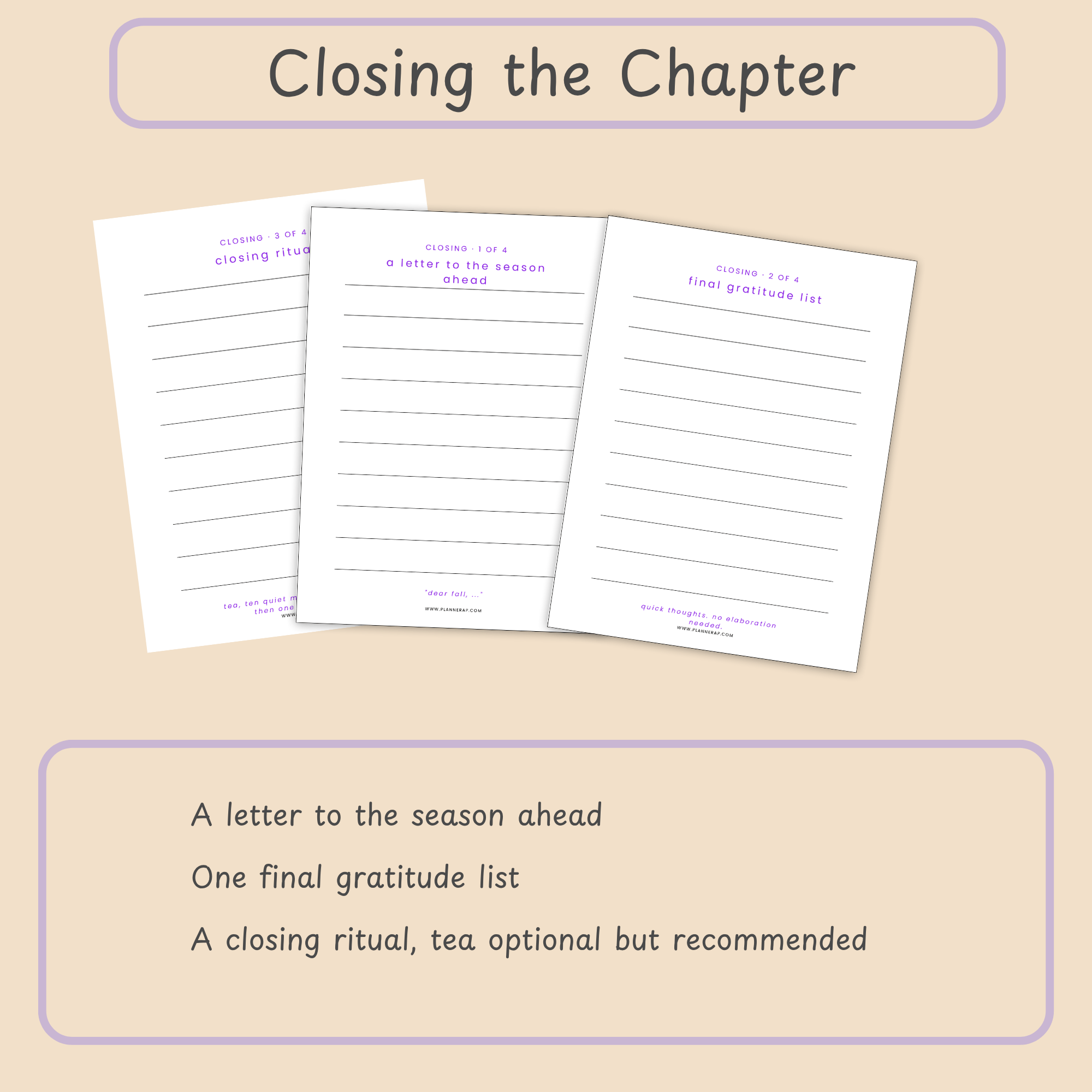 Closing section of the fall transition journal with a letter-to-fall prompt and a closing ritual page.