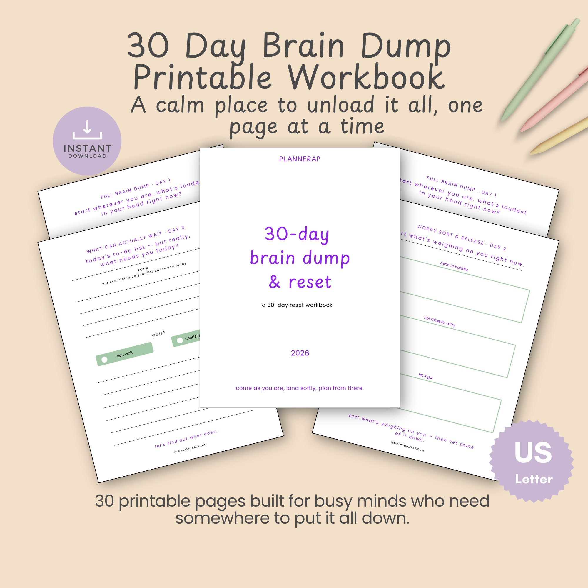 Cover slide for the 30 Day Brain Dump Printable Workbook, showing the title and subtitle over a soft purple and sage background.