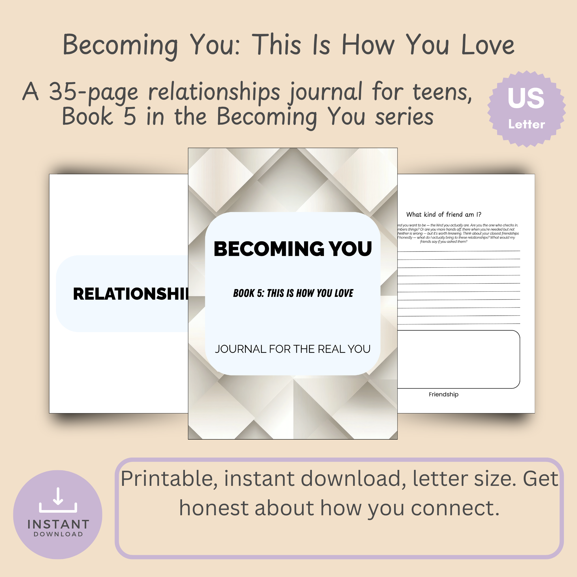 Cover slide for This Is How You Love, Book 5 in the Becoming You teen relationships journal series, with instant download and US Letter badges.