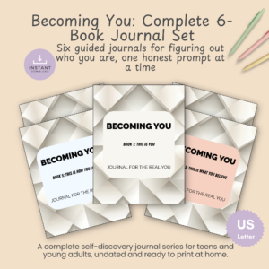 Cover slide with the Becoming You series title and a line introducing the complete 6-book teen self-discovery journal set.