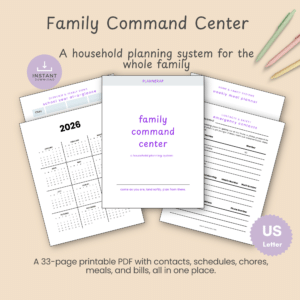 Family Command Center printable cover surrounded by fanned-out pages including the weekly household dashboard, chore chart, and monthly budget, with Instant Download and US Letter badges.