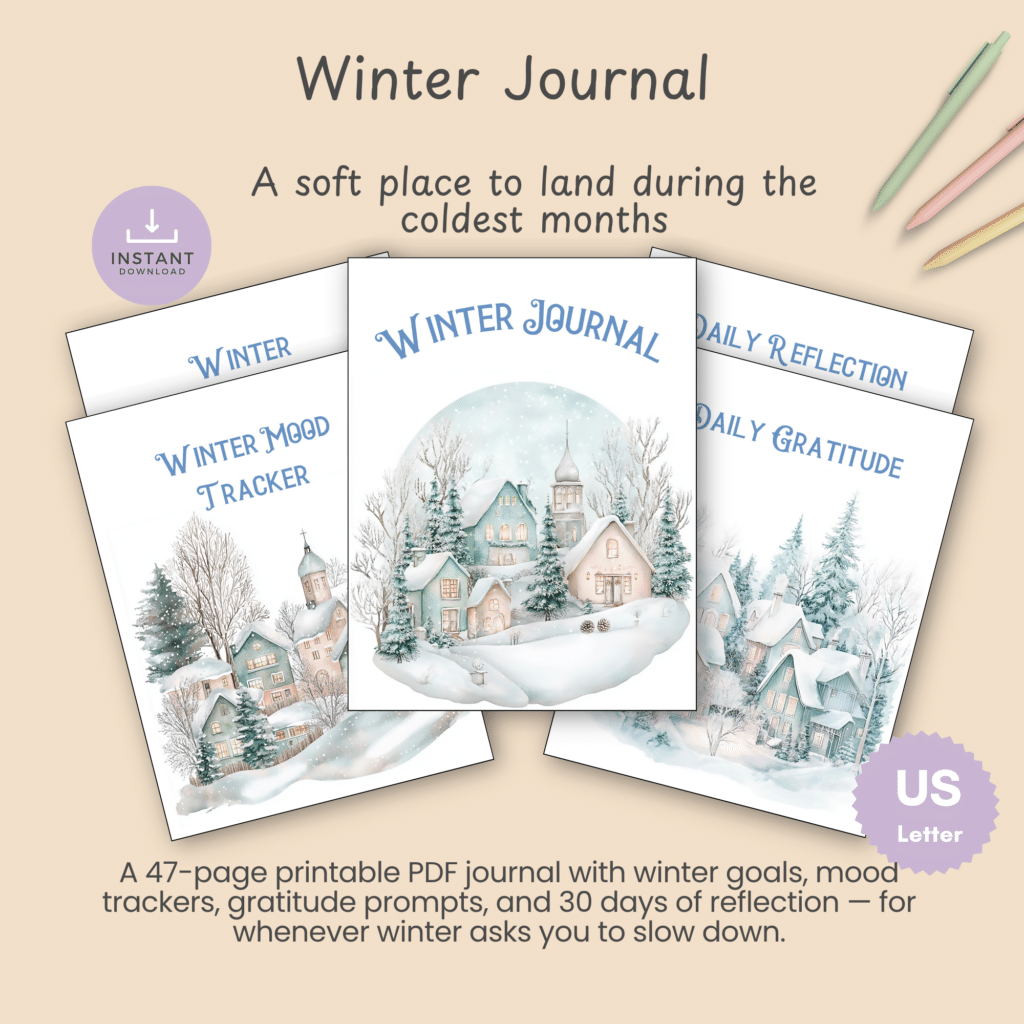 Winter Journal cover mockup with fanned-out journal pages, the title, and the line "A soft place to land during the coldest months."