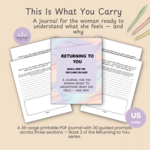 Cover mockup for This Is What You Carry showing the journal cover design and two open journal pages with handwritten-style prompts, on a tan background with instant download and US Letter badges.