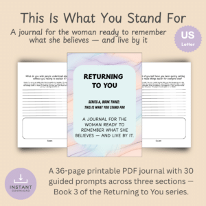 Cover mockup for This Is What You Stand For showing the journal cover design and card-style mockups fanned around it, with instant download and US Letter badges.