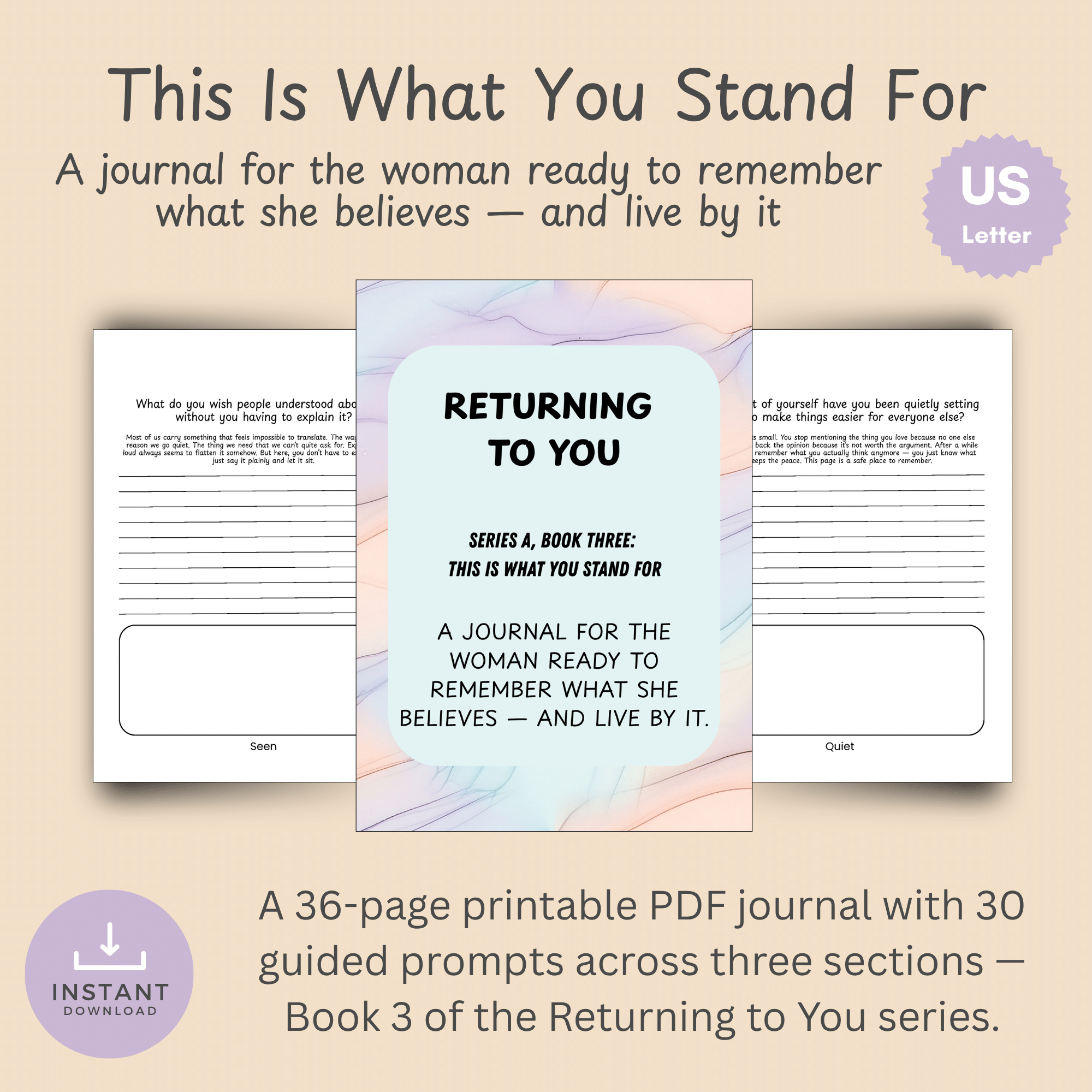 Cover mockup for This Is What You Stand For showing the journal cover design and card-style mockups fanned around it, with instant download and US Letter badges.