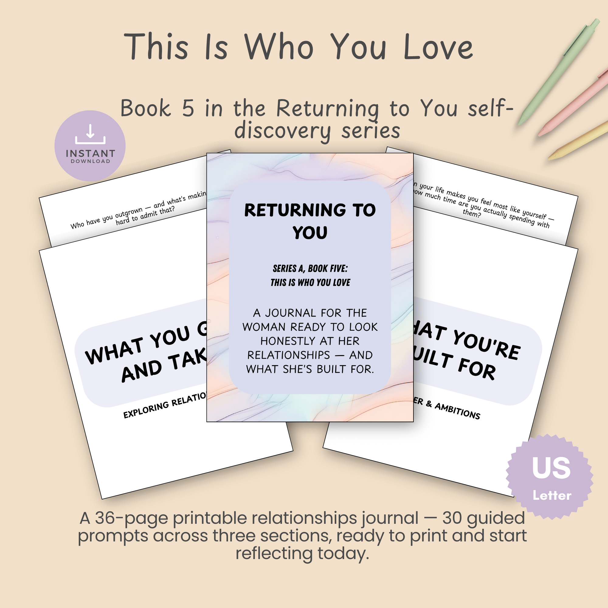 Cover mockup for This Is Who You Love showing the journal cover design and a fan of journal page mockups, with instant download and US Letter badges.