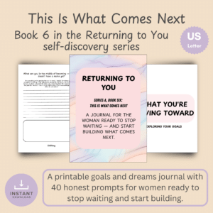 Three printable pages from the This Is What Comes Next journal, Book 6 of the Returning to You series, fanned out on a warm tan background.