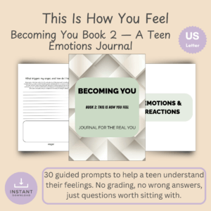 Cover slide for This Is How You Feel, Becoming You Book 2, showing a stack of teen journal prompt cards with the title and a 30-prompt, emotions-reactions-and-self-compassion subtitle.