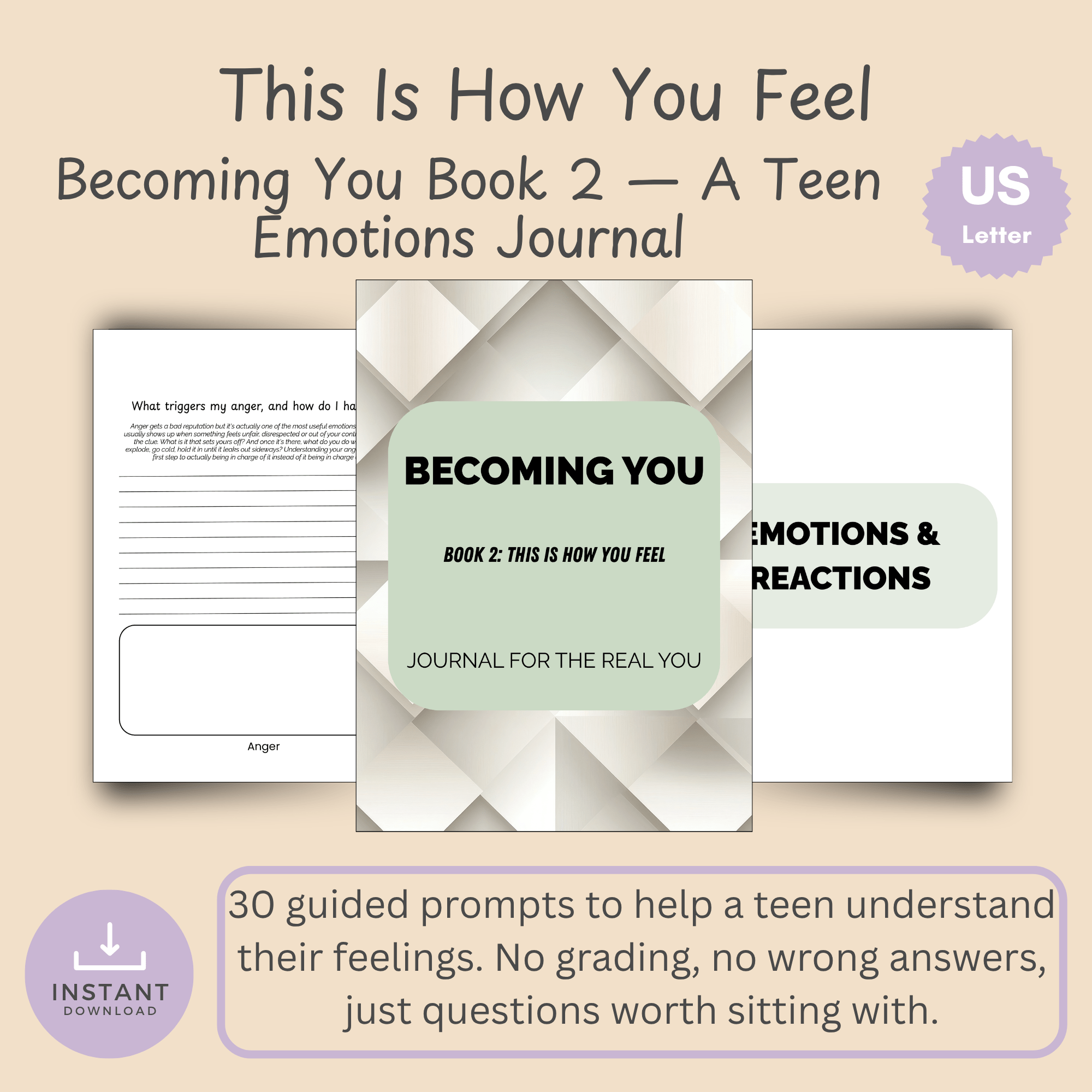 Cover slide for This Is How You Feel, Becoming You Book 2, showing a stack of teen journal prompt cards with the title and a 30-prompt, emotions-reactions-and-self-compassion subtitle.
