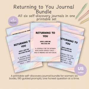 Printable pages from the Returning to You journal series fanned out around a bundle cover on a warm tan background, with instant download and US Letter badges.