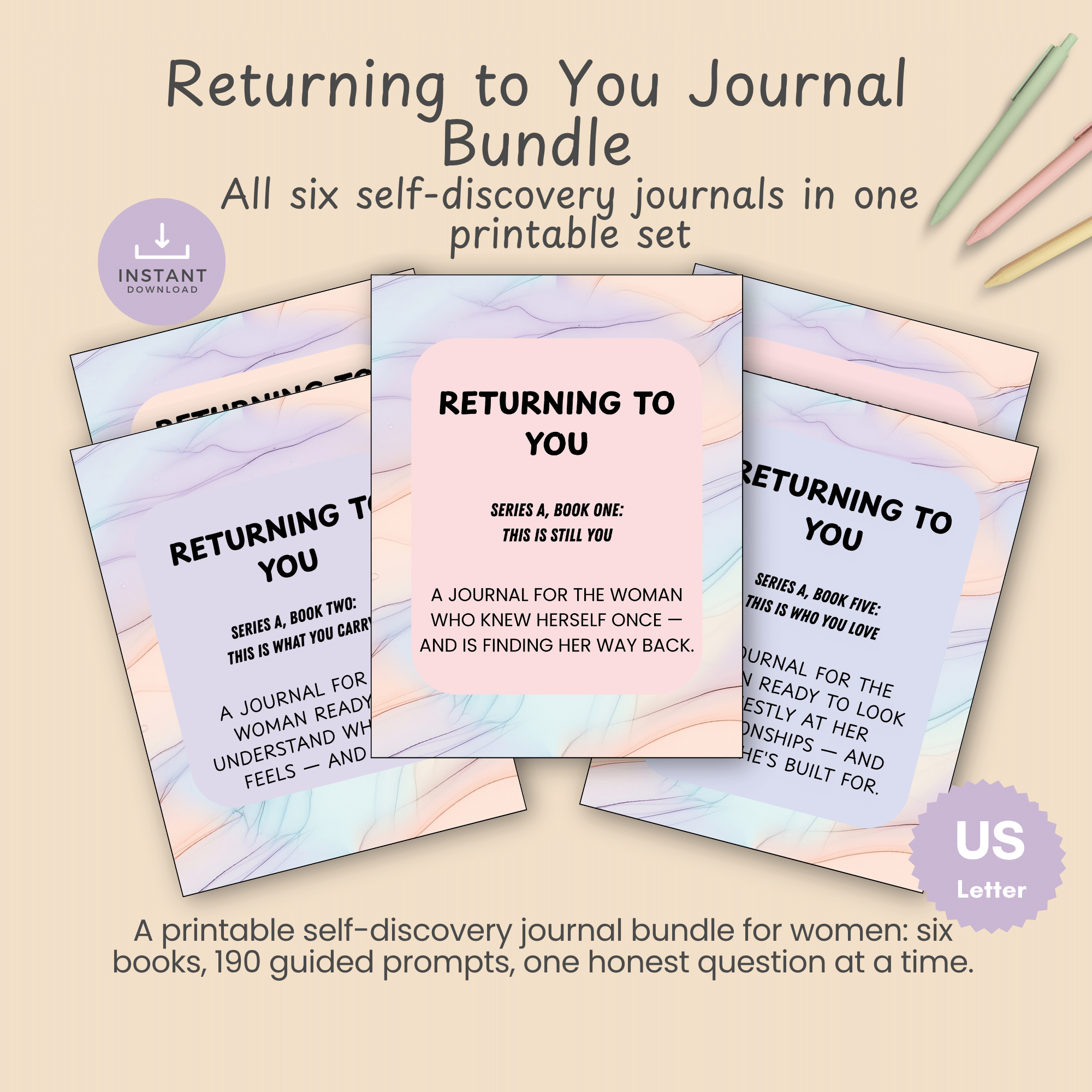 Printable pages from the Returning to You journal series fanned out around a bundle cover on a warm tan background, with instant download and US Letter badges.