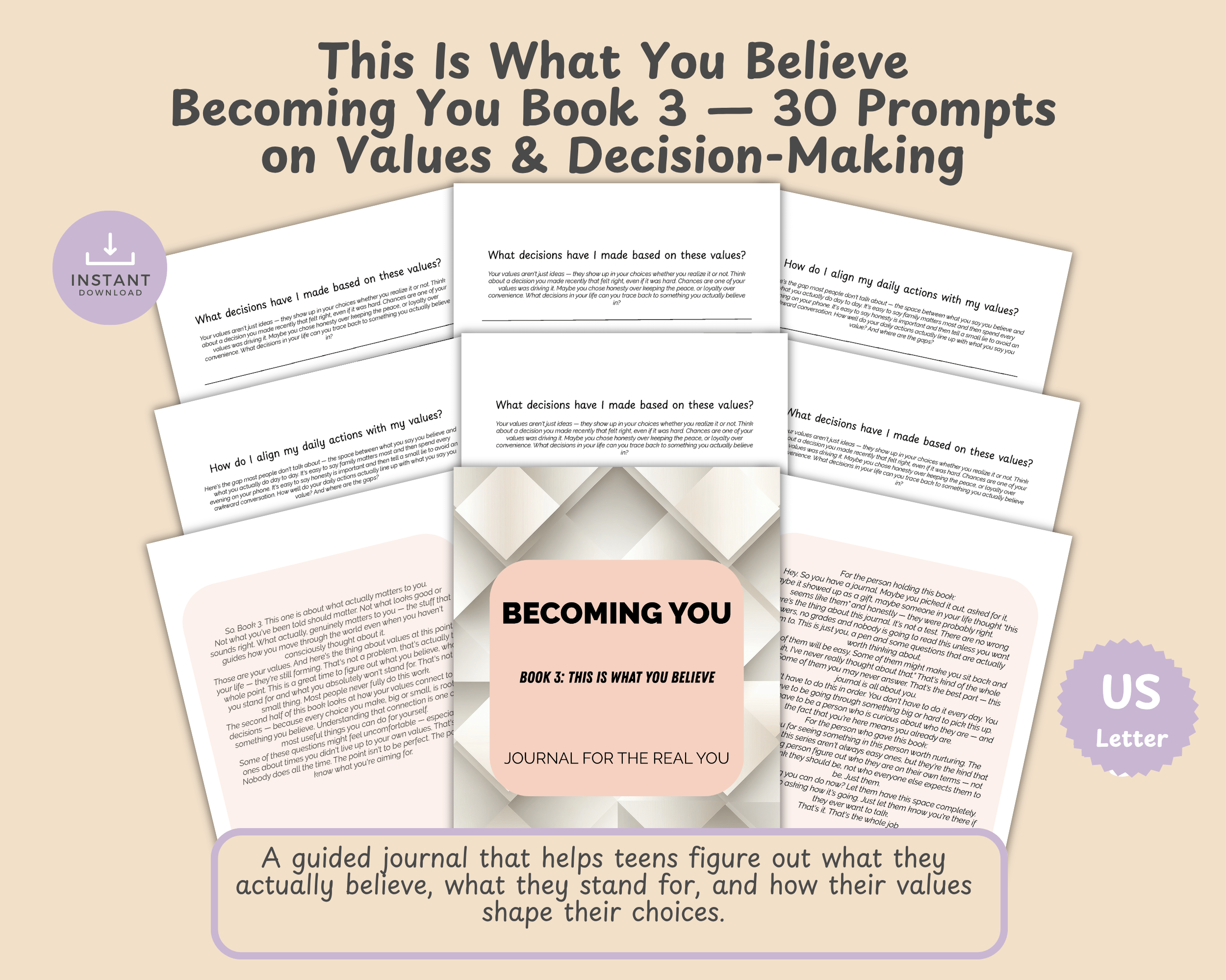 Cover slide for This Is What You Believe, Becoming You Book 3, showing a stack of teen journal prompt cards with the title and a 30-prompt, values-and-decision-making subtitle.