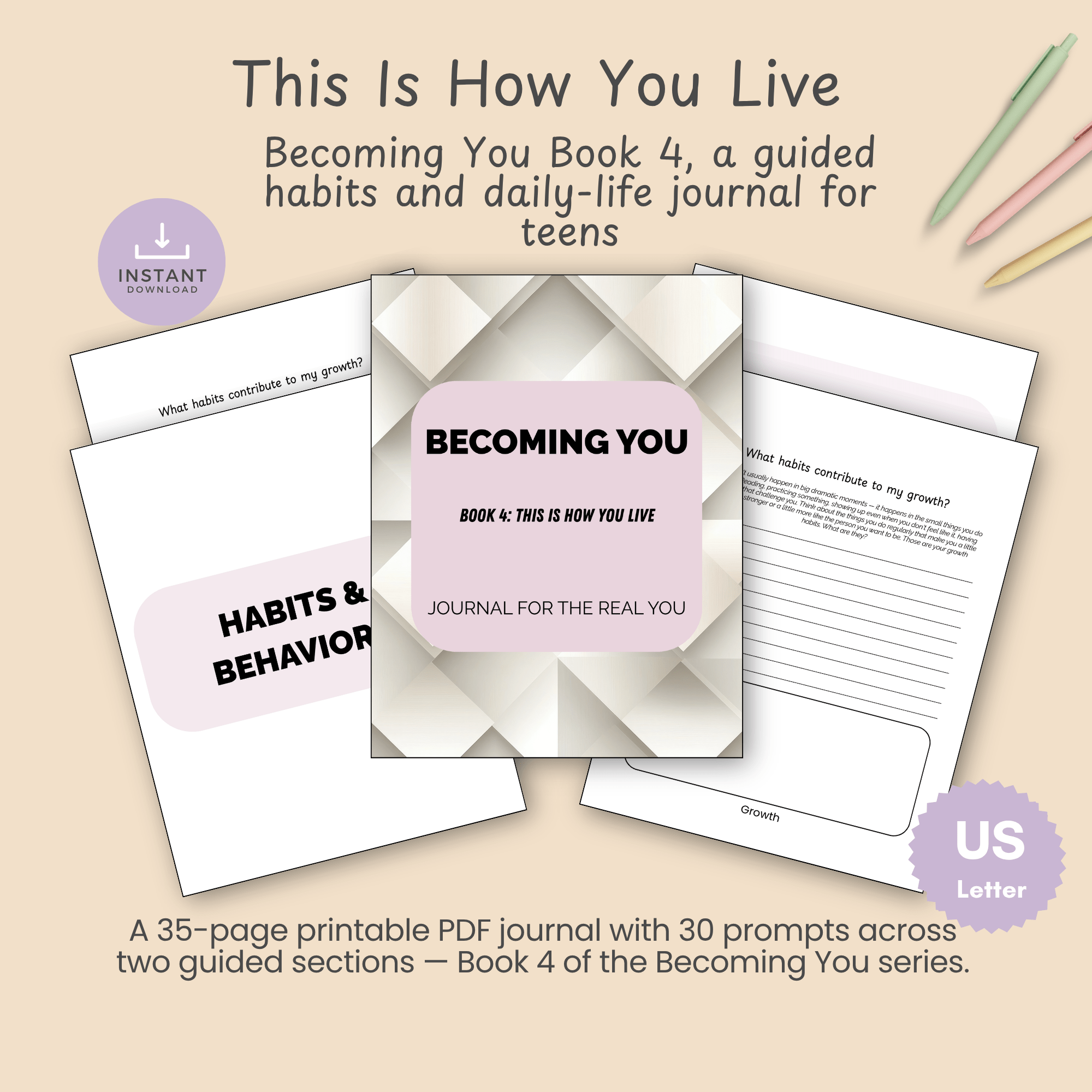 Cover slide for This Is How You Live, Becoming You Book 4, showing a stack of teen journal prompt cards with the title and a 30-prompt, habits-and-daily-life subtitle.