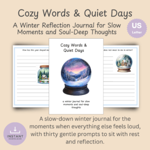 Cozy Words & Quiet Days: Winter reflection journal cover mockup with snow globe theme and US Letter instant download badge.