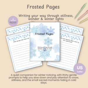 Frosted Pages: Winter mindfulness journal cover mockup with snowflake theme and US Letter instant download badge.