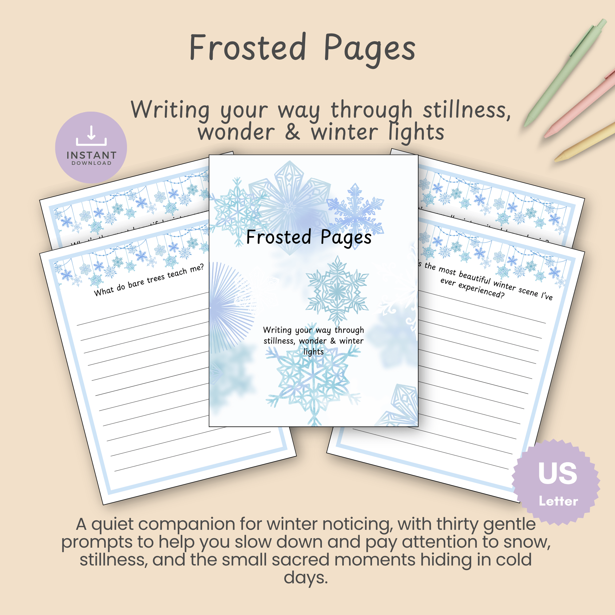 Frosted Pages: Winter mindfulness journal cover mockup with snowflake theme and US Letter instant download badge.