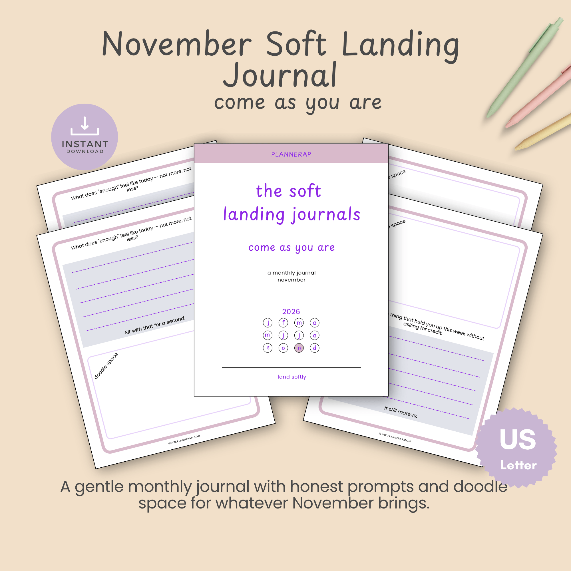 November Soft Landing Journal: Cover mockup with the journal title, "come as you are" tagline, US Letter instant-download badge.