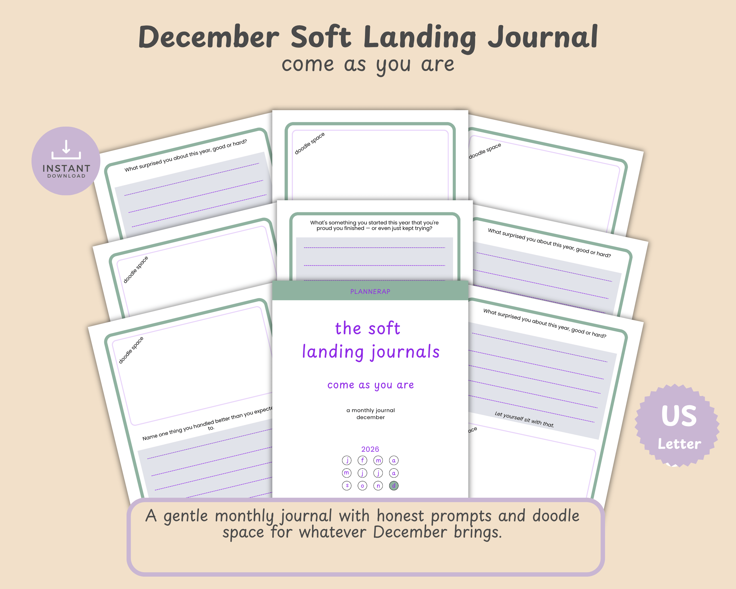 December Soft Landing Journal: Cover mockup with the journal title, "come as you are" tagline, US Letter instant-download badge.