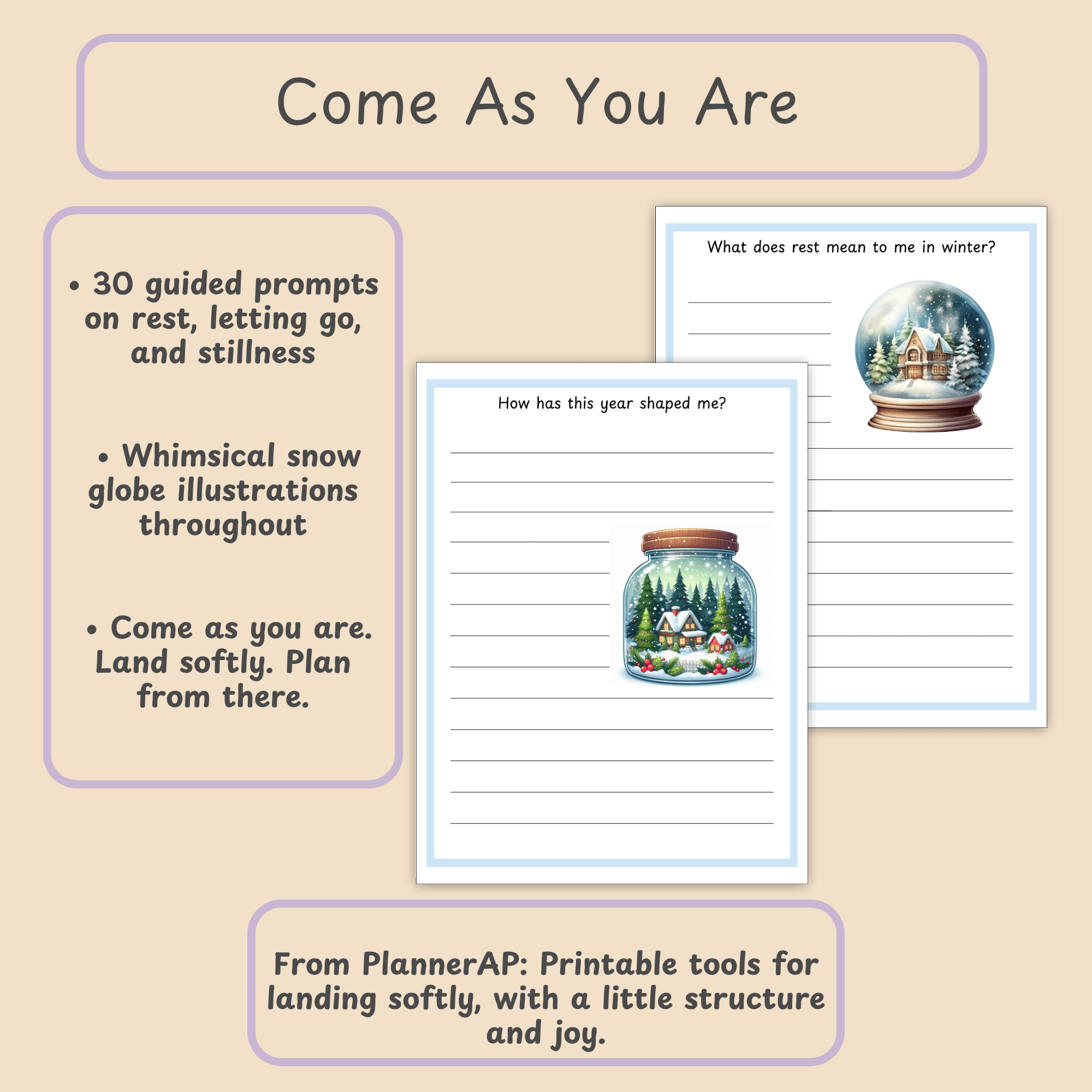 Come As You Are: Closing brand slide with the PlannerAP tagline and journal summary bullets.