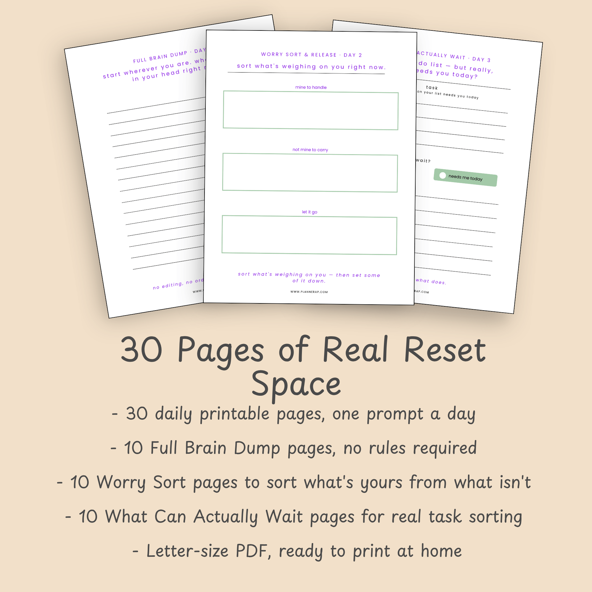 Feature slide listing what's inside the brain dump printable workbook: 30 pages, three exercise types, and instant download.