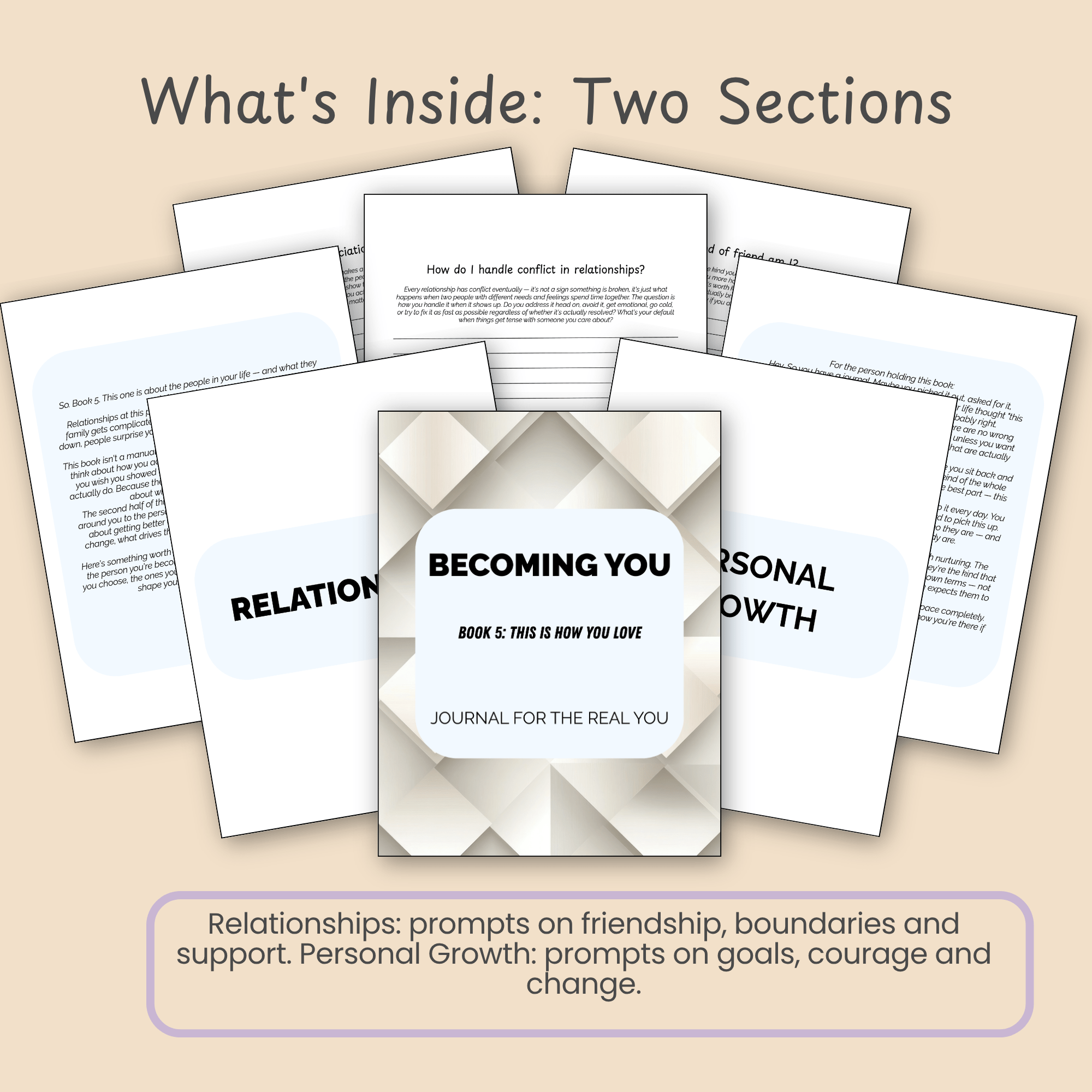 Slide listing what's included: 30 guided prompts split across a Relationships section and a Personal Growth section, plus letter-size PDF details.