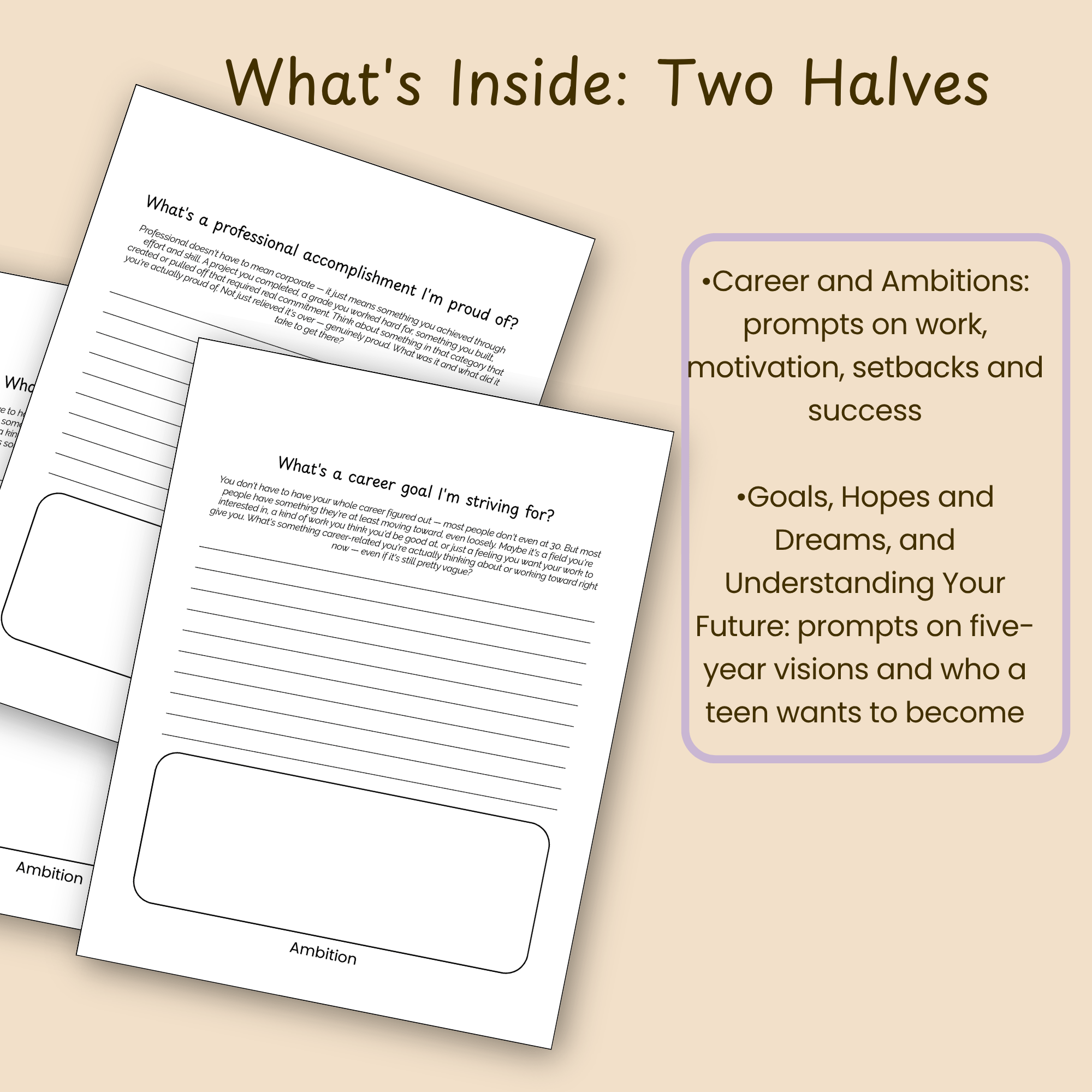 Slide showcasing five sample prompts from the book, framed as a highlight reel of the questions inside.