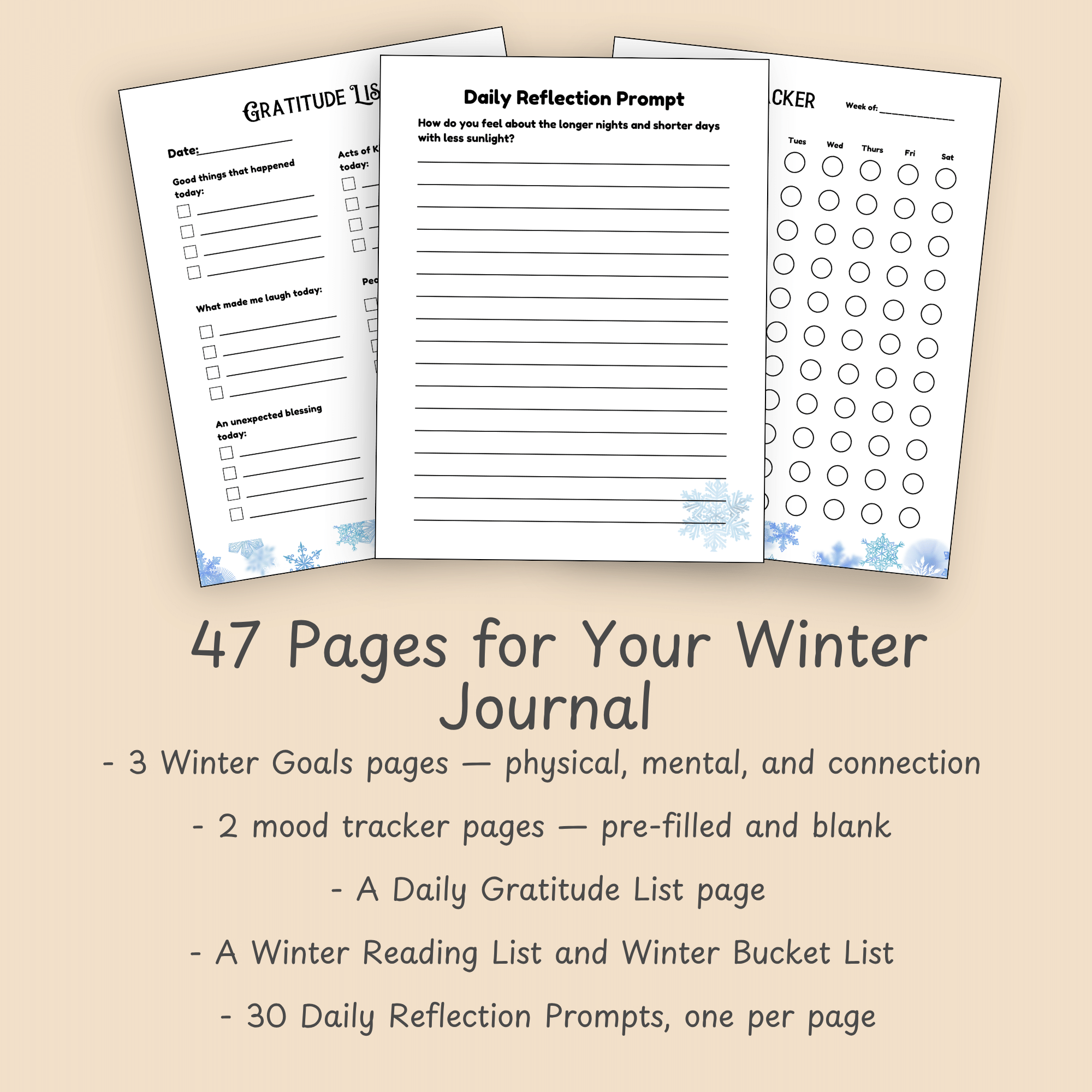 Mockup slide listing what's included in the Winter Journal — winter goals, mood trackers, gratitude list, reading and bucket lists, and 30 reflection prompts.