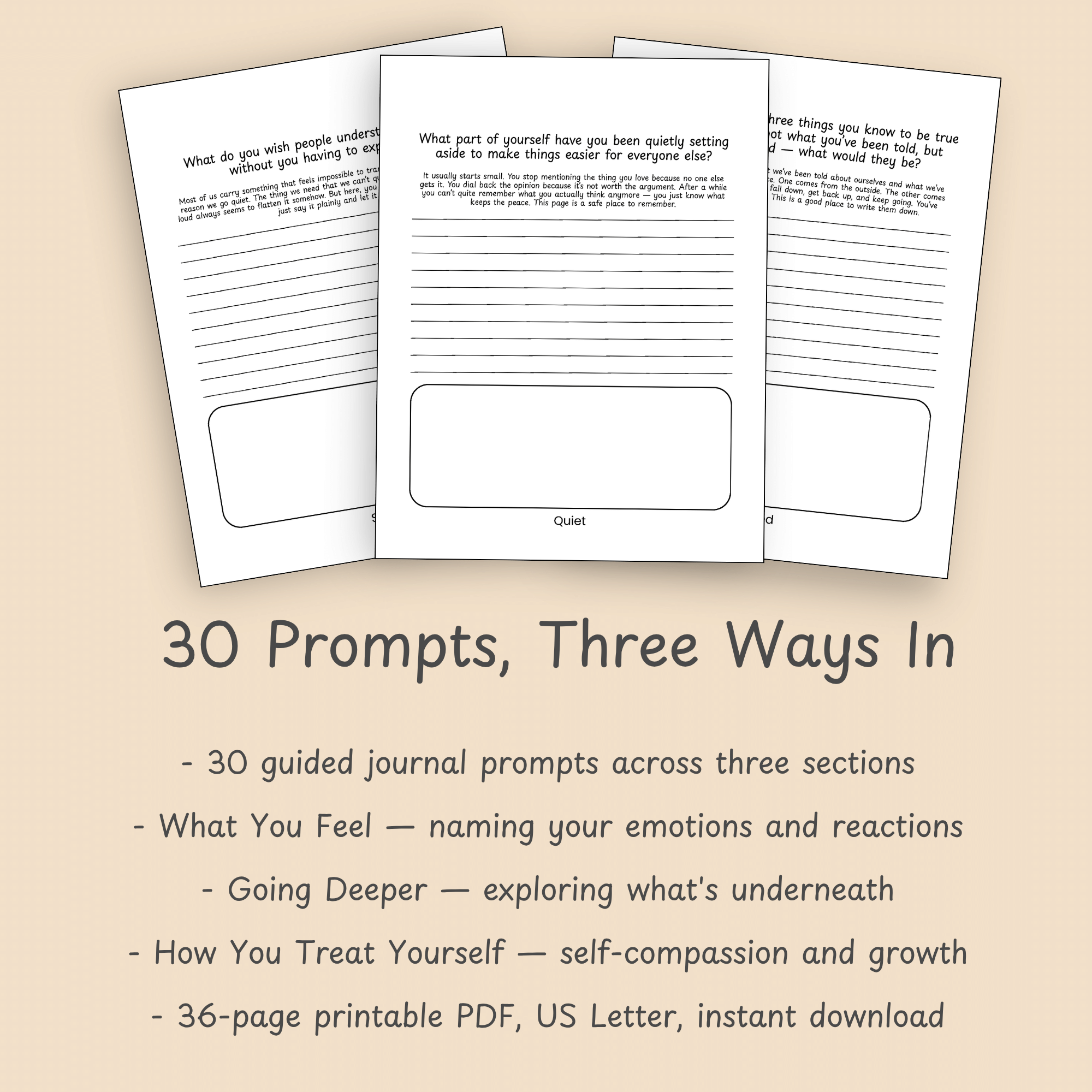 Three journal page mockups fanned out above the text 30 Prompts, Three Ways In, listing the three sections: What You Feel, Going Deeper, and How You Treat Yourself.