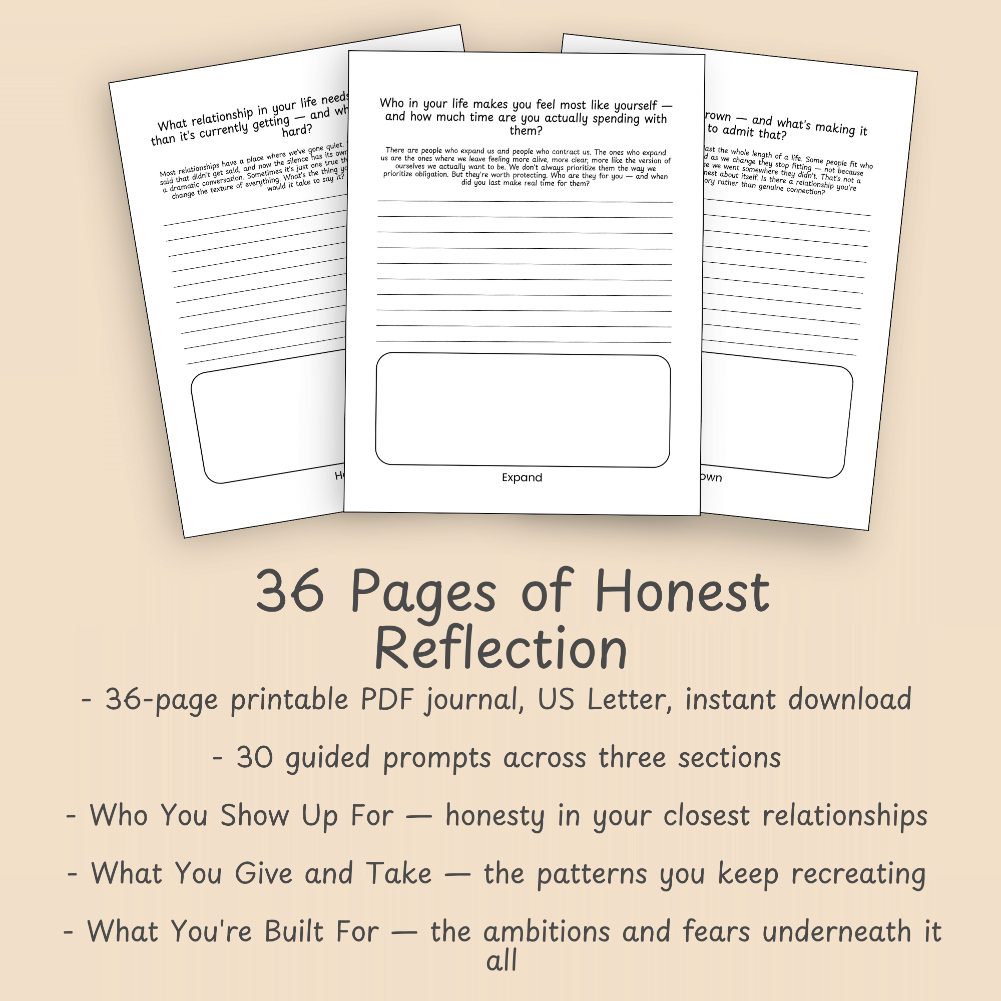 Journal page mockups beside a bulleted list of the journal's contents — 30 guided prompts across three sections on relationships, patterns, and ambitions.