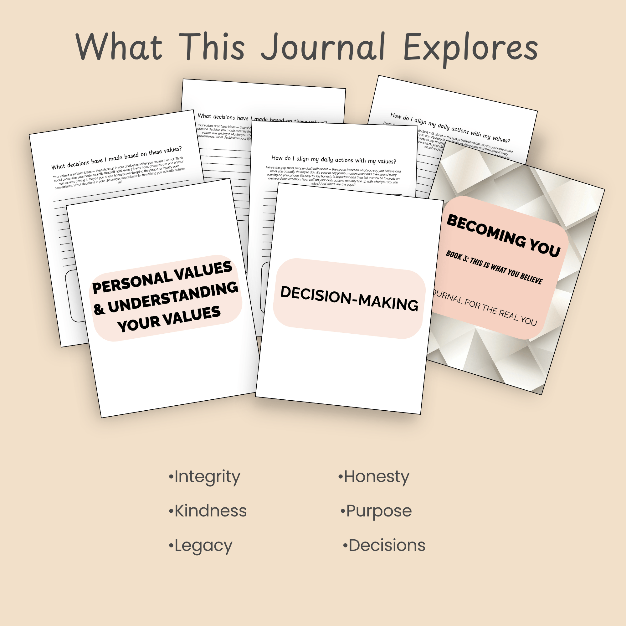 "What This Journal Explores" slide listing six values themes covered in the journal (integrity, honesty, kindness, purpose, legacy, decisions), shown over a stack of prompt card mockups.