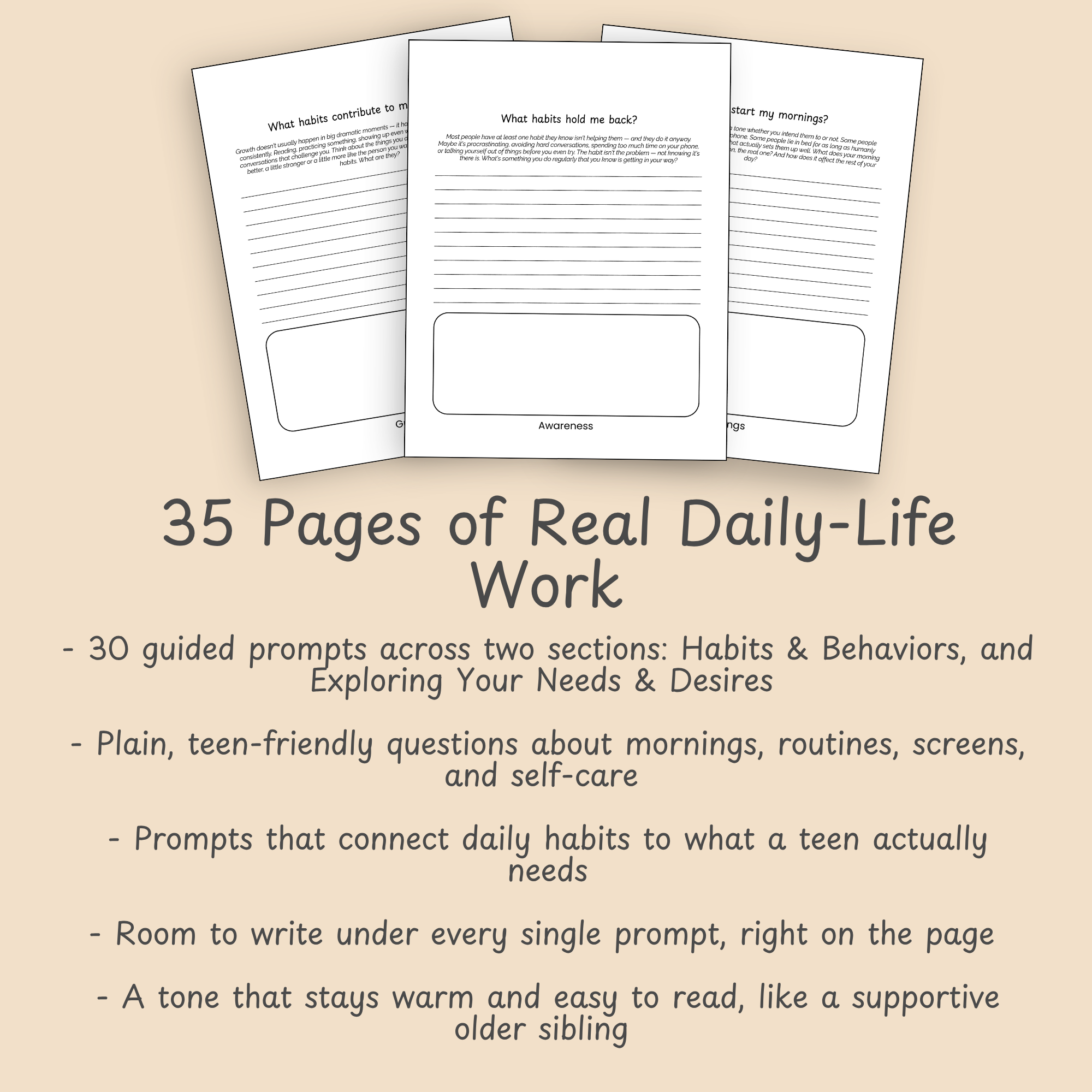 "35 Pages of Real Daily-Life Work" callout listing 30 prompts across the two guided sections, plain teen-friendly language, and room to write on every page.