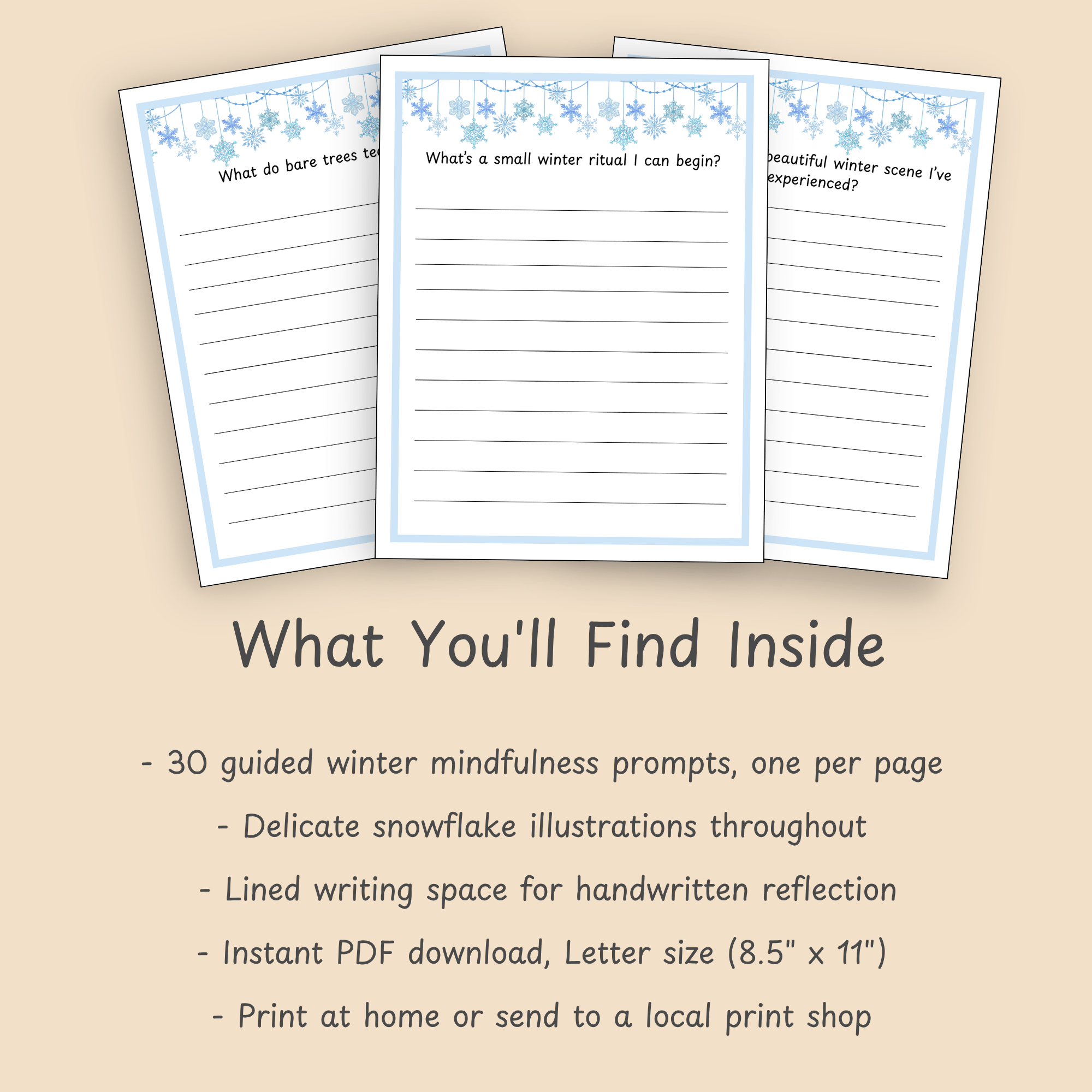 What You'll Find Inside: Overview listing the 30 prompts, snowflake illustrations, and lined reflection space.